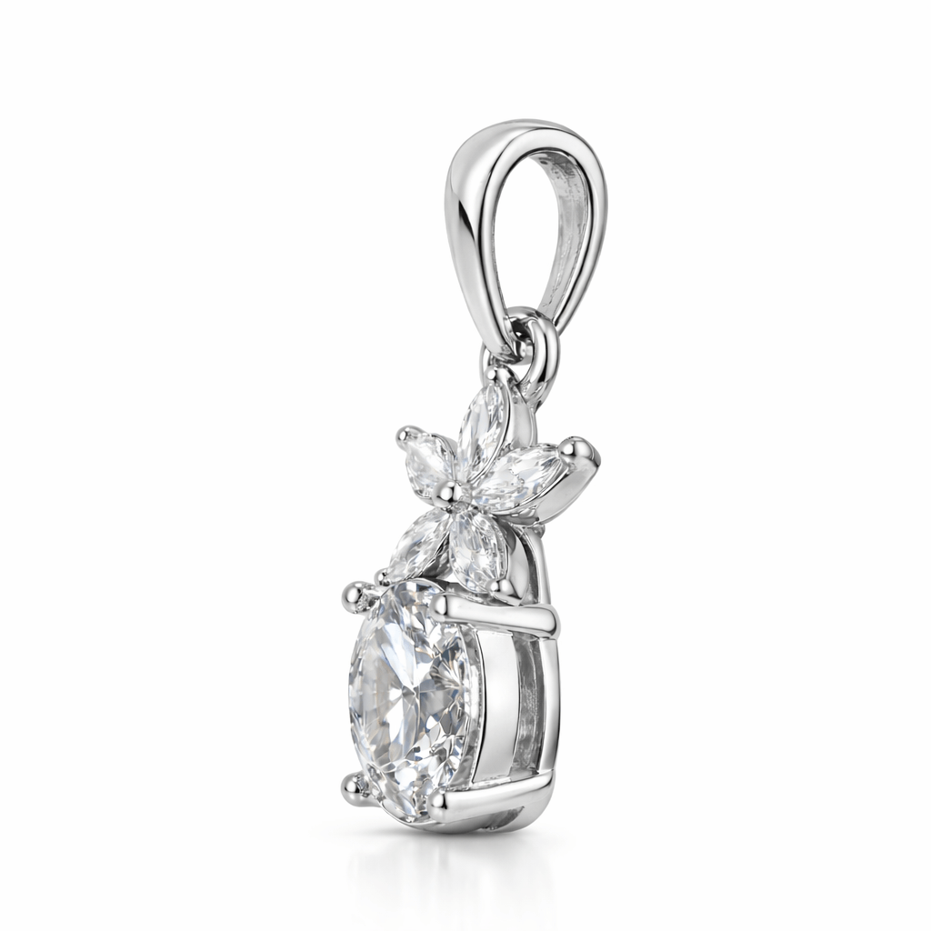 Silver Tone Floral Drop Pendant with Round Brilliant CZ Stone