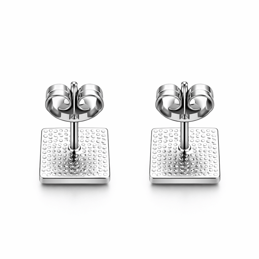 Silver Tone Geometric Square Stud Earrings with Pastel Enamel Finish