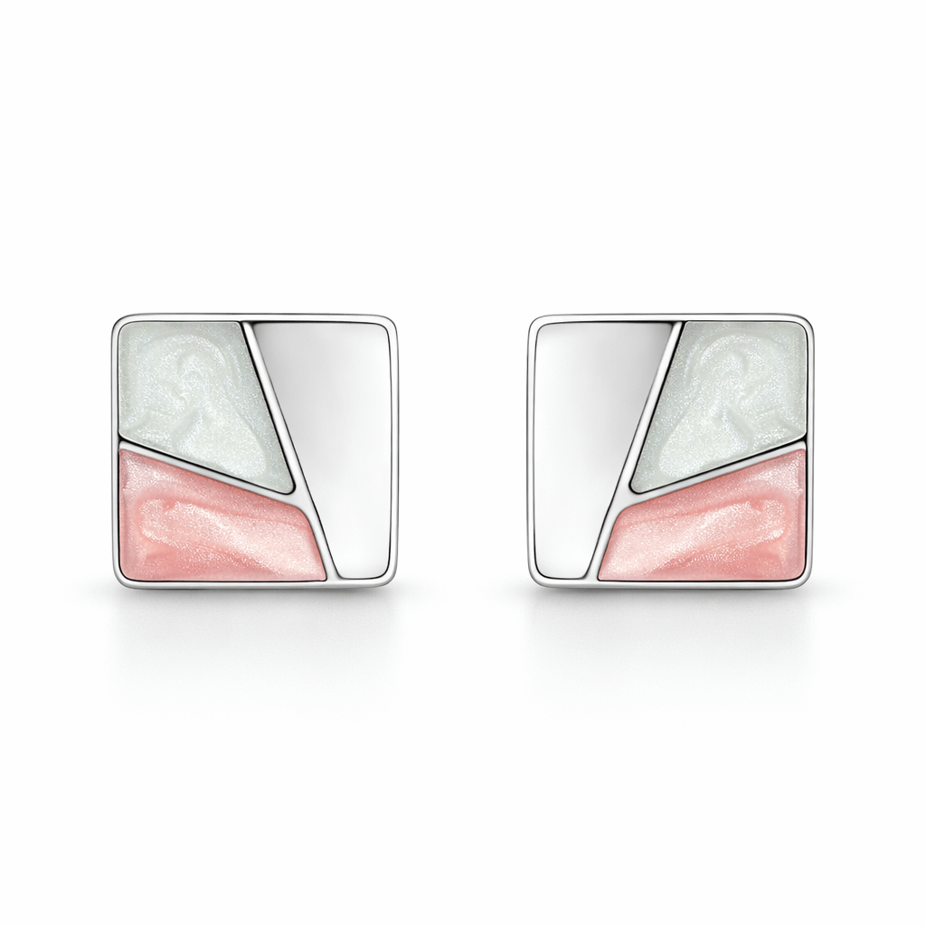 Silver Tone Geometric Square Stud Earrings with Pastel Enamel Finish