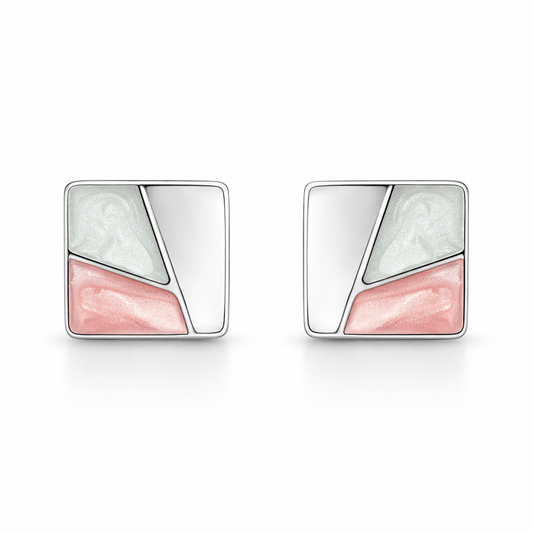 Silver Tone Geometric Square Stud Earrings with Pastel Enamel Finish