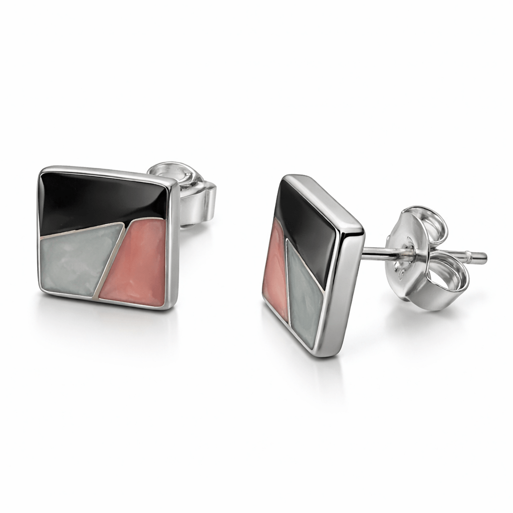 Silver Tone Geometric Square Stud Earrings with Pastel Enamel Finish