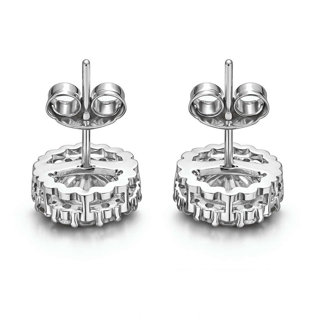Silver Tone Halo Stud Earrings with Round CZ Center and Micro CZ Border
