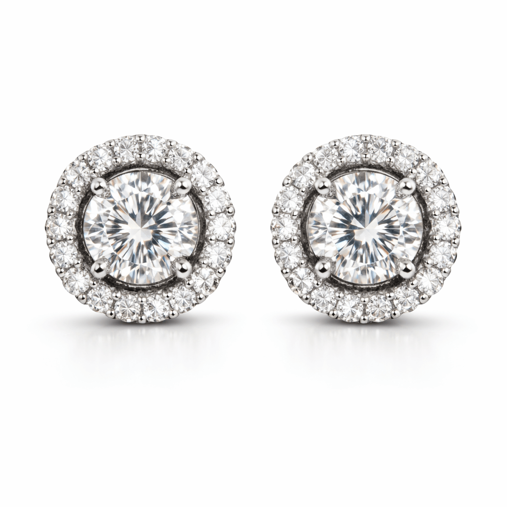 Silver Tone Halo Stud Earrings with Round CZ Center and Micro CZ Border