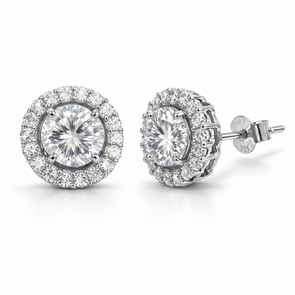 Silver Tone Halo Stud Earrings with Round CZ Center and Micro CZ Border