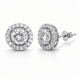 Silver Tone Halo Stud Earrings with Round CZ Center and Micro CZ Border