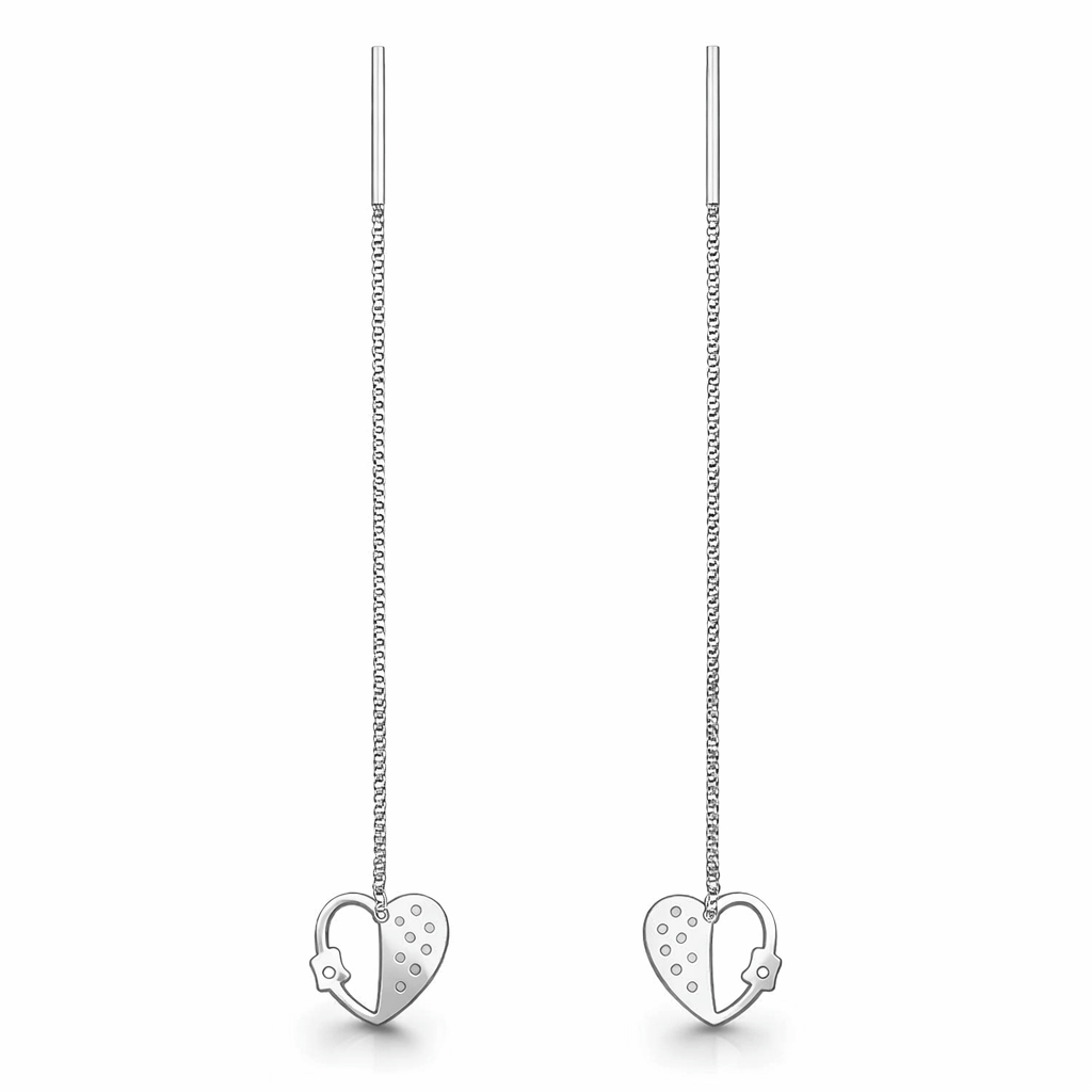 Silver Tone Heart Drop Threader Earrings with CZ Accent Charm
