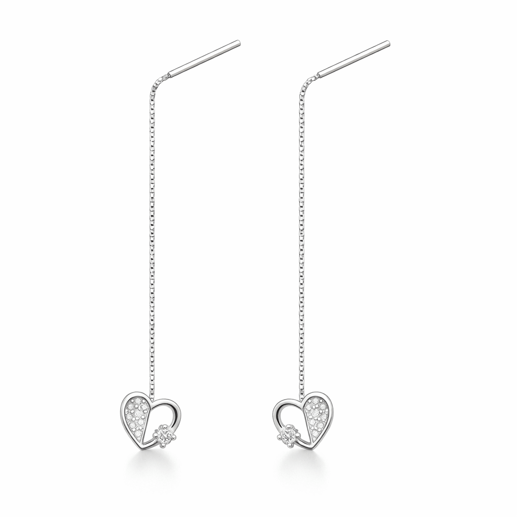Silver Tone Heart Drop Threader Earrings with CZ Accent Charm