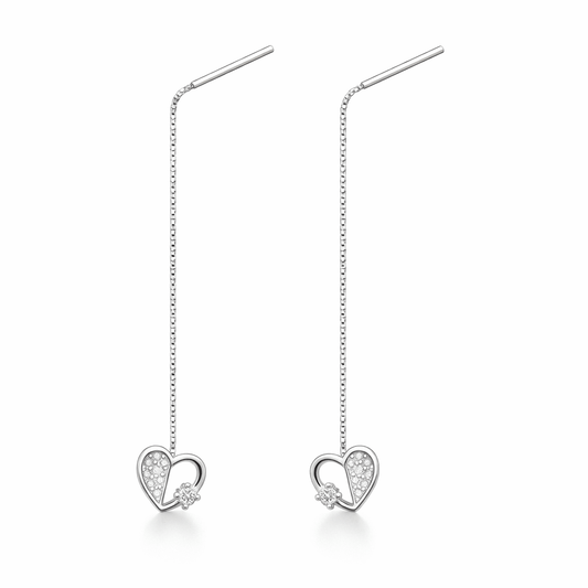 Silver Tone Heart Drop Threader Earrings with CZ Accent Charm