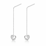 Silver Tone Heart Drop Threader Earrings with CZ Accent Charm