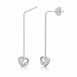 Silver Tone Heart Drop Threader Earrings with CZ Accent Charm