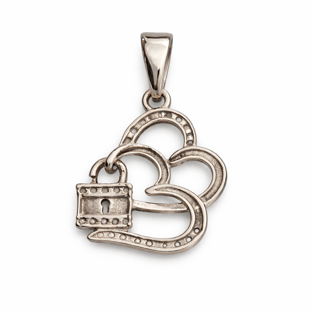 Silver Tone Heart Lock Pendant with CZ Studded Romantic Charm Design
