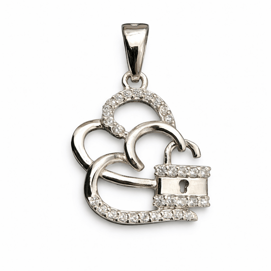 Silver Tone Heart Lock Pendant with CZ Studded Romantic Charm Design