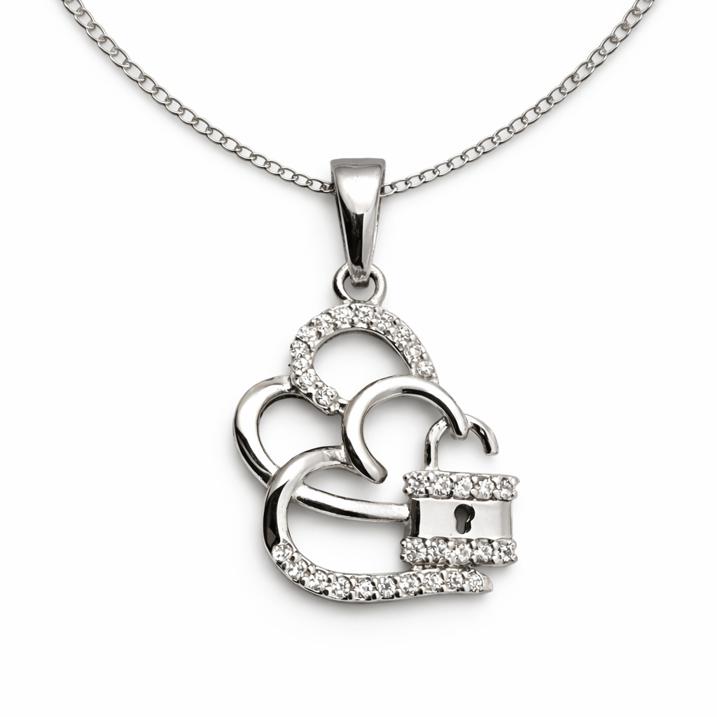Silver Tone Heart Lock Pendant with CZ Studded Romantic Charm Design