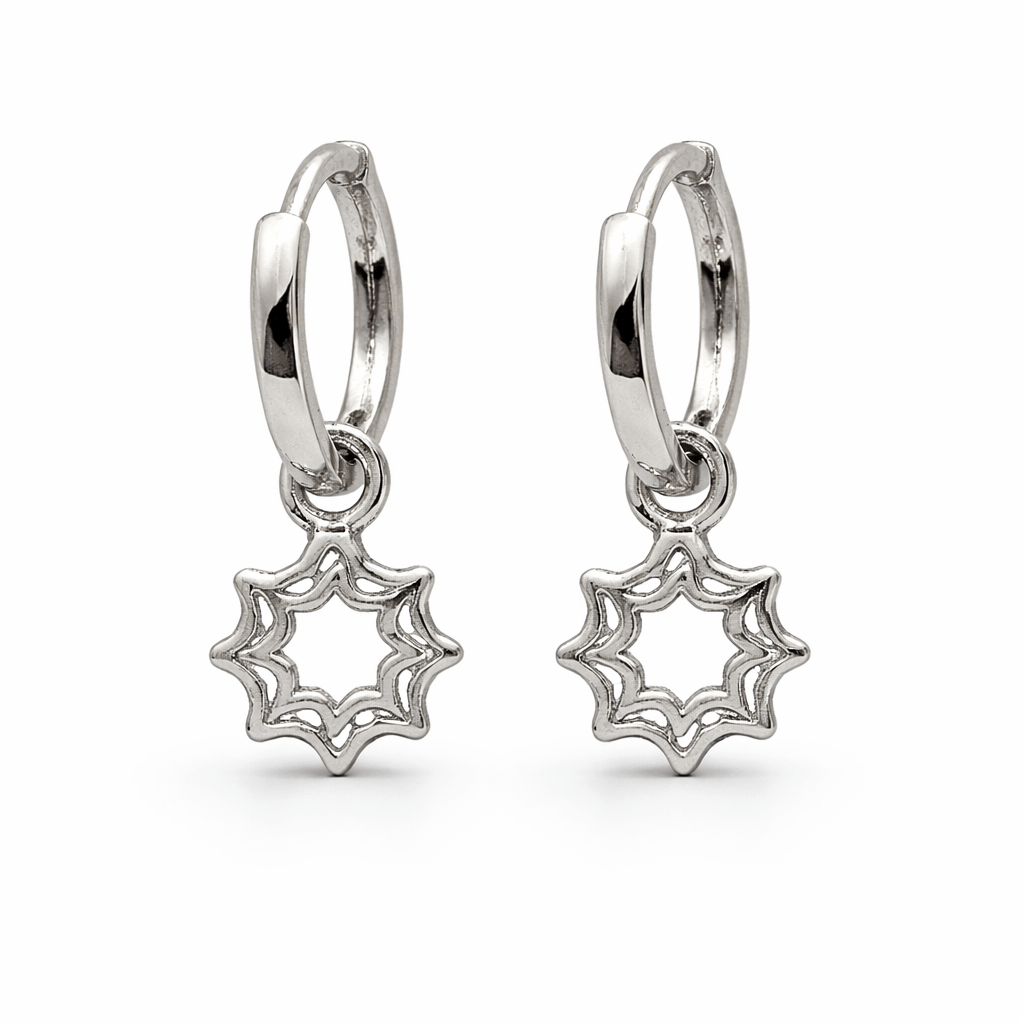 Silver Tone Hoop Earrings with Starburst CZ Drop Charm Design