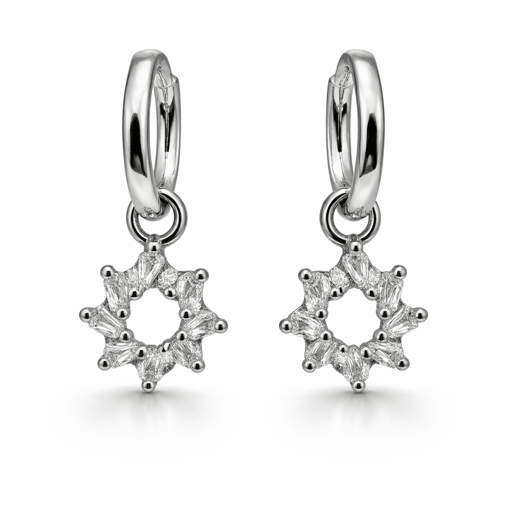 Silver Tone Hoop Earrings with Starburst CZ Drop Charm Design