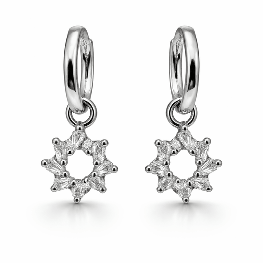Silver Tone Hoop Earrings with Starburst CZ Drop Charm Design