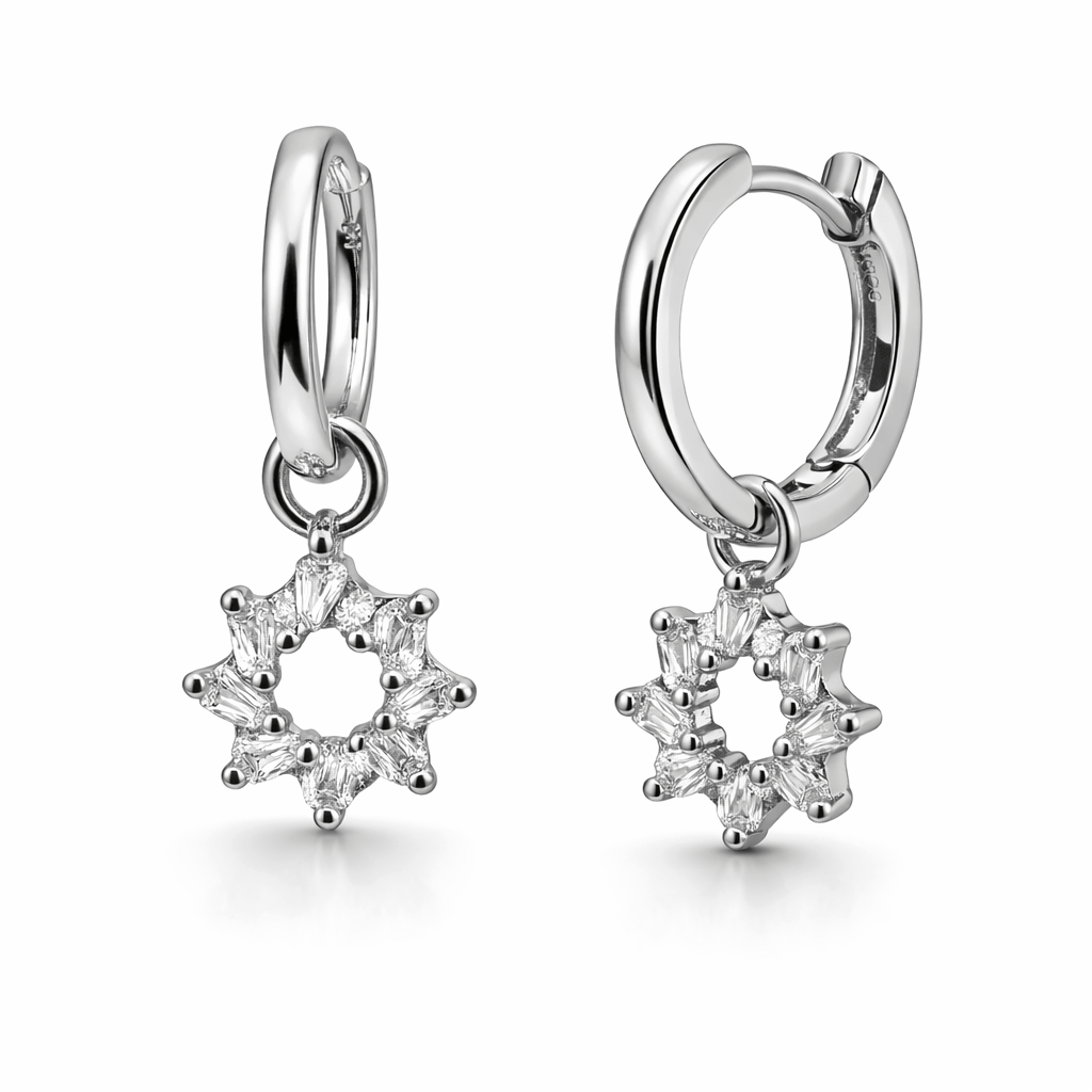 Silver Tone Hoop Earrings with Starburst CZ Drop Charm Design