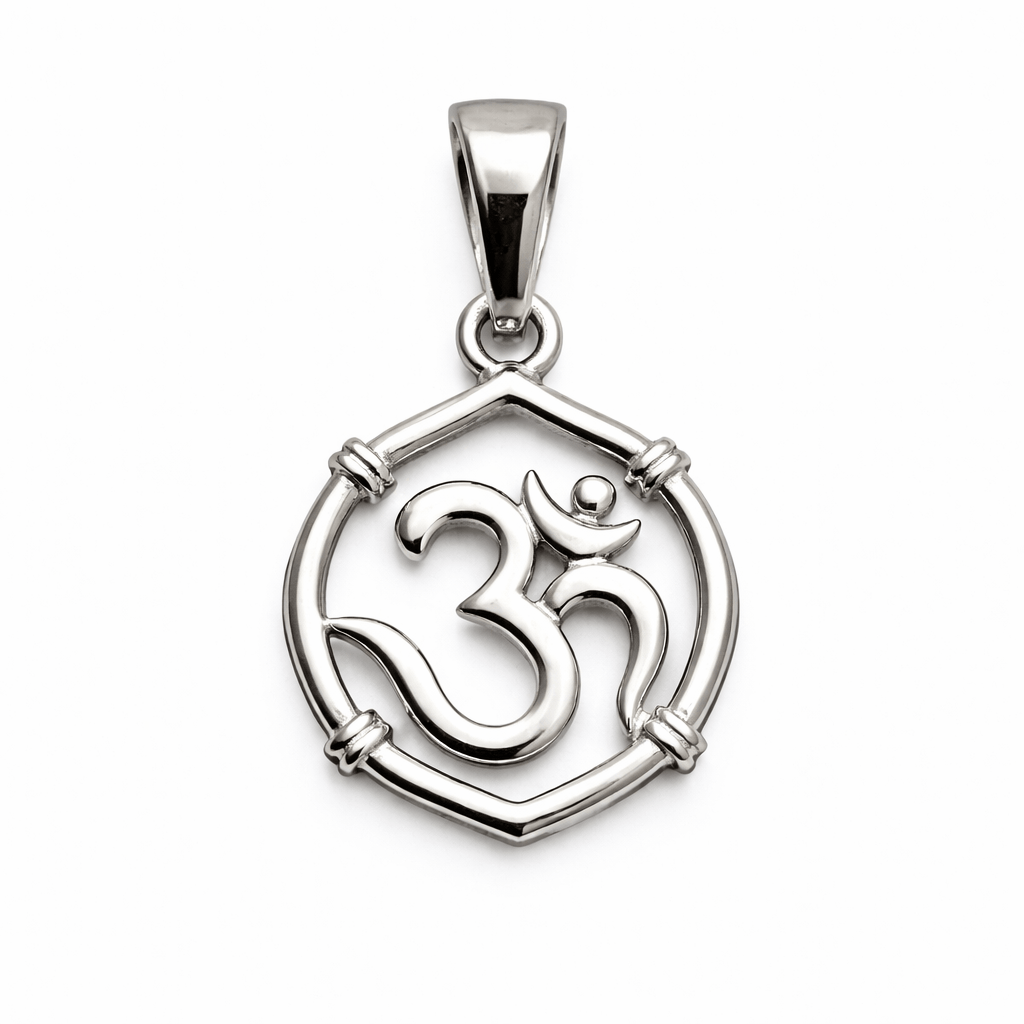 Silver Tone Om Symbol Pendant with Geometric Frame Spiritual Minimal Design