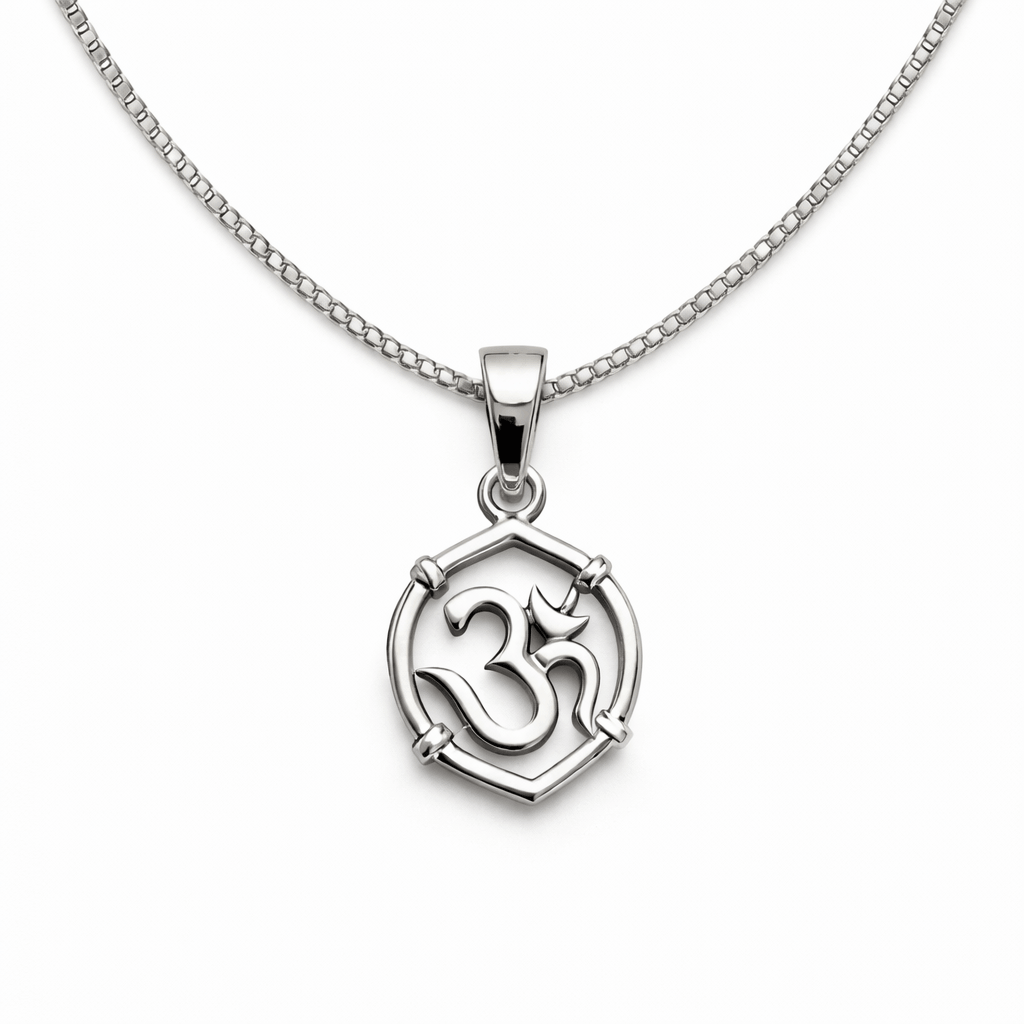 Silver Tone Om Symbol Pendant with Geometric Frame Spiritual Minimal Design