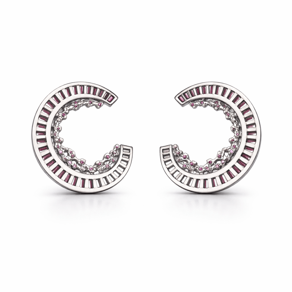 Silver Tone Open Circle Earrings with Pink CZ Cluster and Baguette Accents