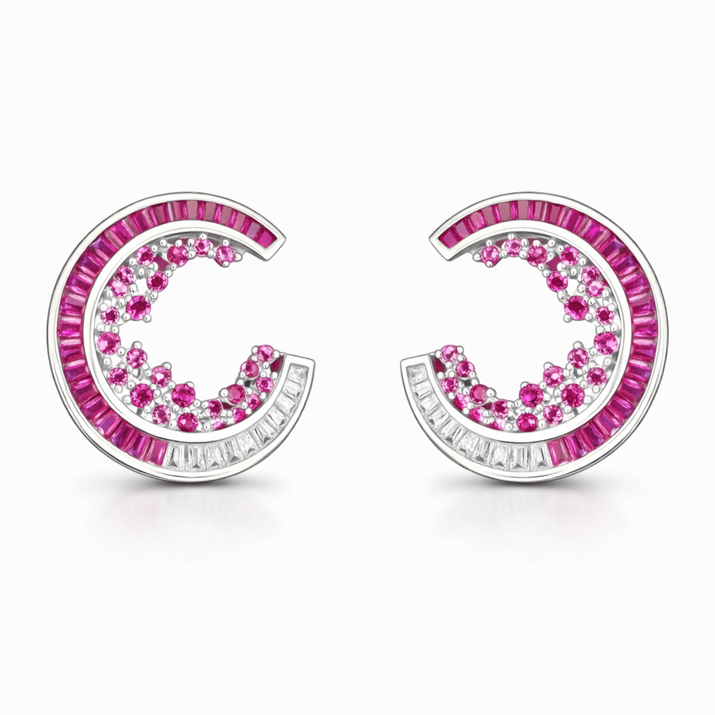 Silver Tone Open Circle Earrings with Pink CZ Cluster and Baguette Accents