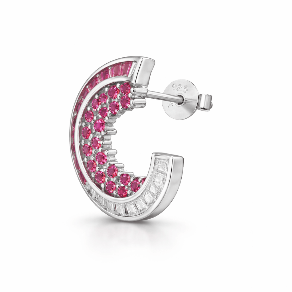 Silver Tone Open Circle Earrings with Pink CZ Cluster and Baguette Accents