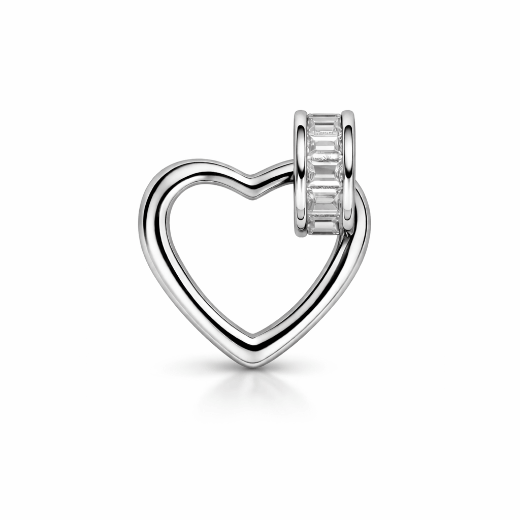 Silver Tone Open Heart Pendant with Baguette Cut CZ Bail