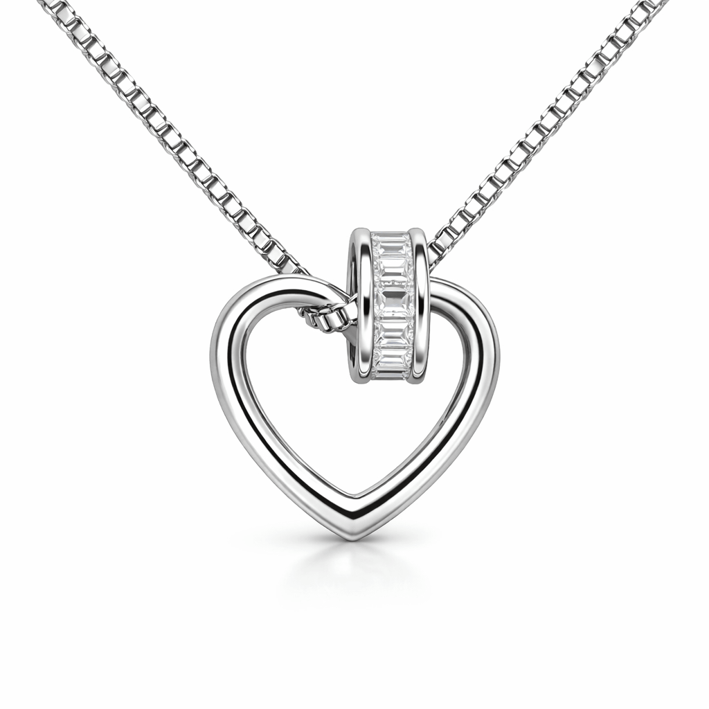Silver Tone Open Heart Pendant with Baguette Cut CZ Bail