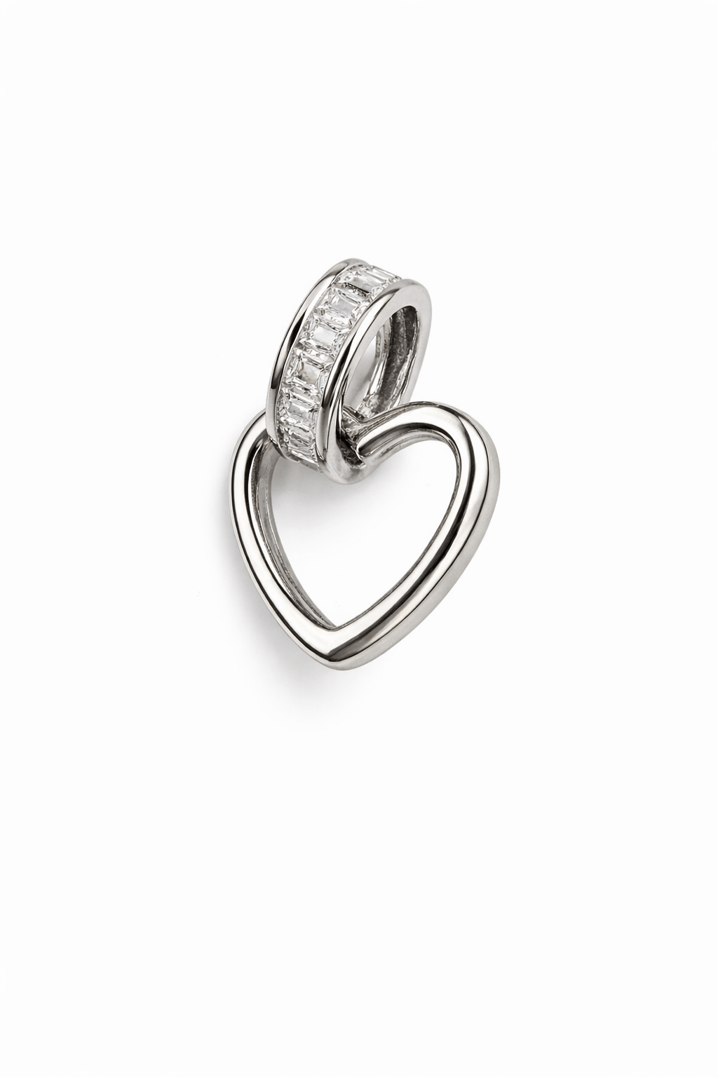 Silver Tone Open Heart Pendant with Baguette Cut CZ Bail