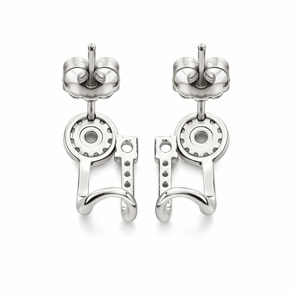 Silver Tone Pink Stone Halo Huggie Earrings with Dual Stud Design