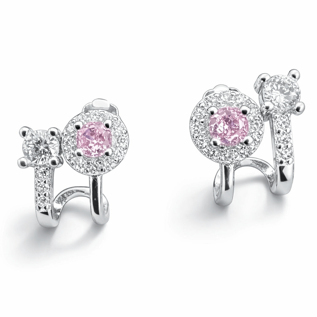Silver Tone Pink Stone Halo Huggie Earrings with Dual Stud Design