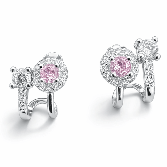 Silver Tone Pink Stone Halo Huggie Earrings with Dual Stud Design