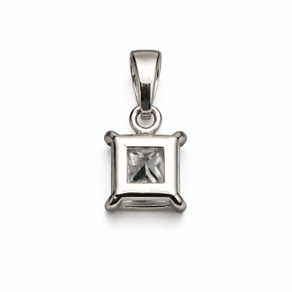 Silver Tone Princess Cut Solitaire CZ Pendant with Classic Elegant Setting