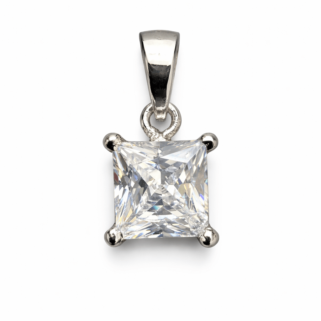 Silver Tone Princess Cut Solitaire CZ Pendant with Classic Elegant Setting