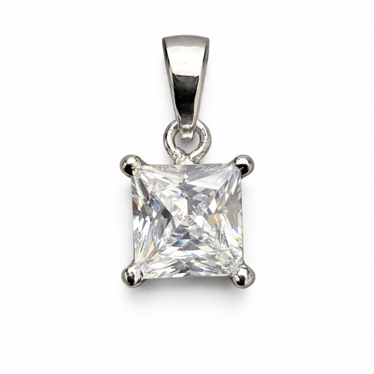 Silver Tone Princess Cut Solitaire CZ Pendant with Classic Elegant Setting