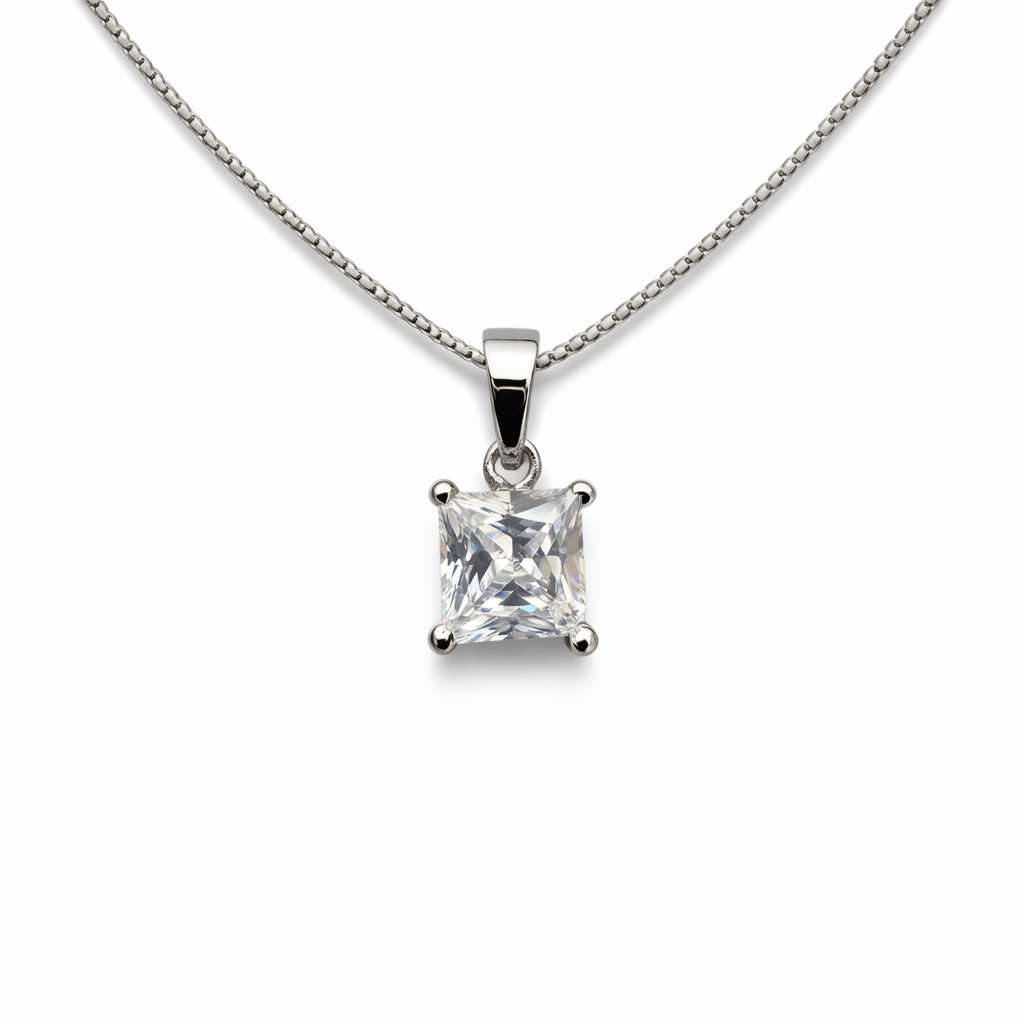 Silver Tone Princess Cut Solitaire CZ Pendant with Classic Elegant Setting