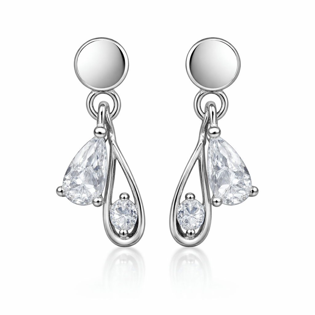 Silver Tone Teardrop CZ Dangle Earrings with Minimal Elegant Design
