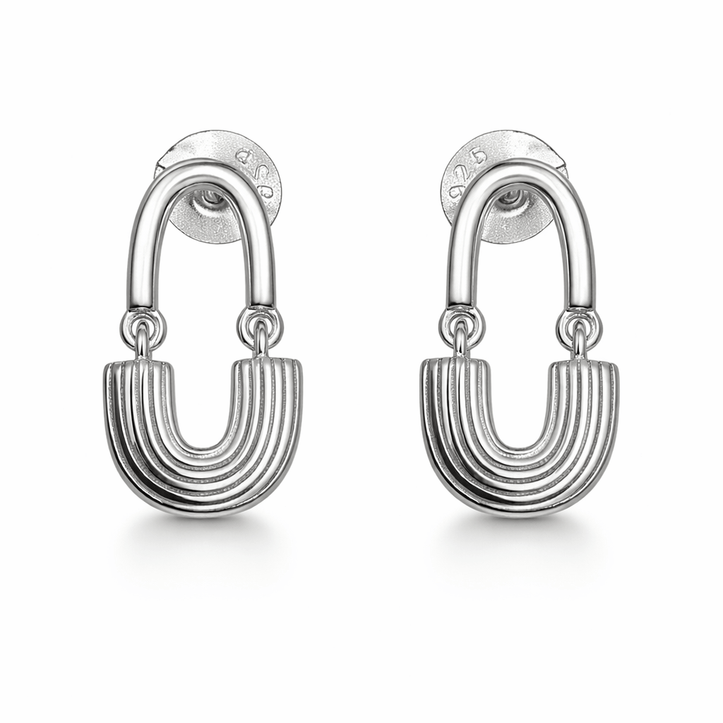 Silver Tone U-Shaped Drop Earrings with Layered Arc Minimal Design
