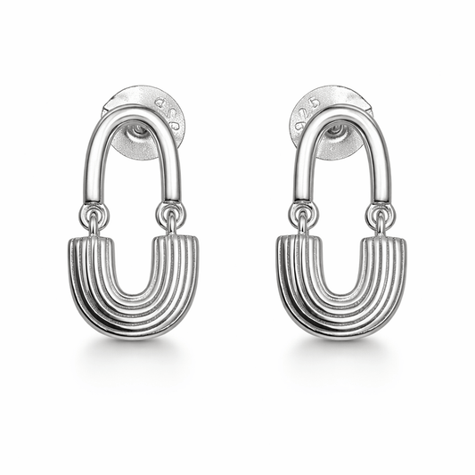 Silver Tone U-Shaped Drop Earrings with Layered Arc Minimal Design