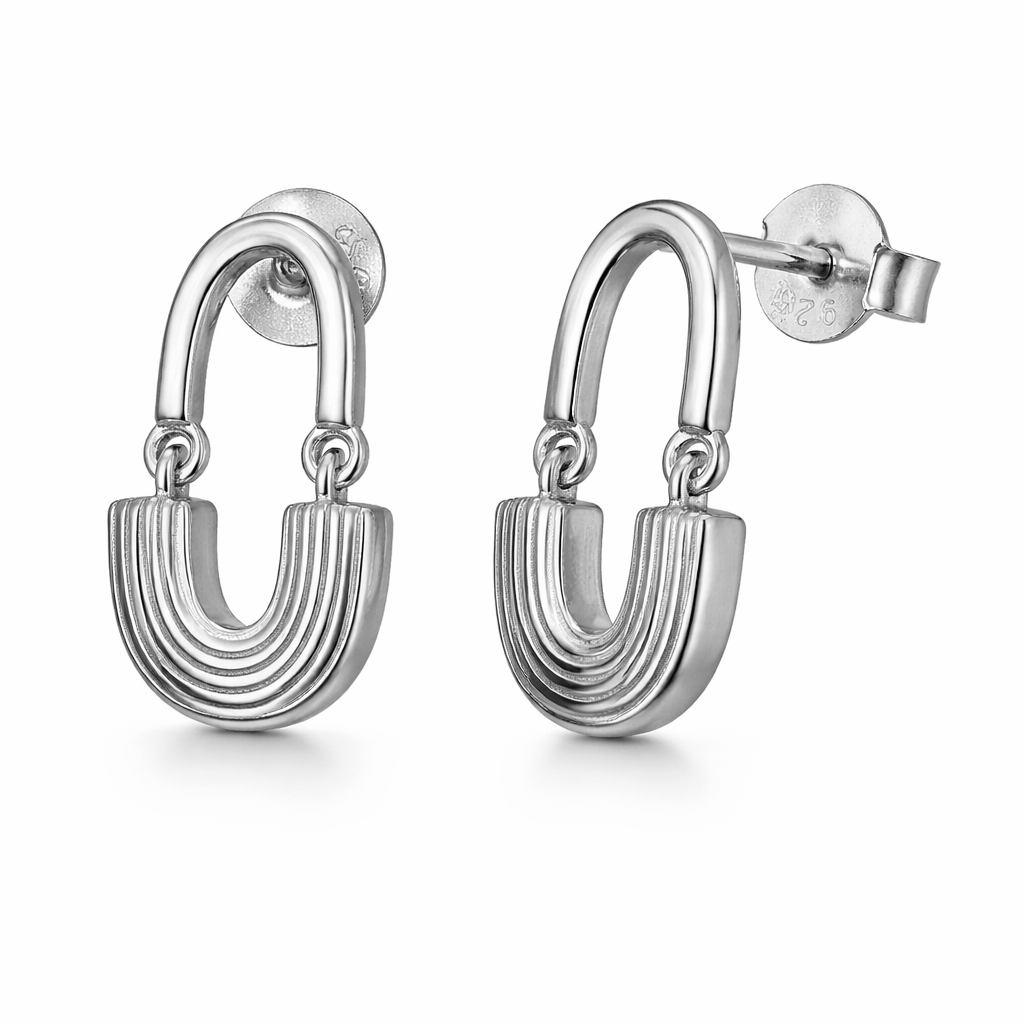 Silver Tone U-Shaped Drop Earrings with Layered Arc Minimal Design