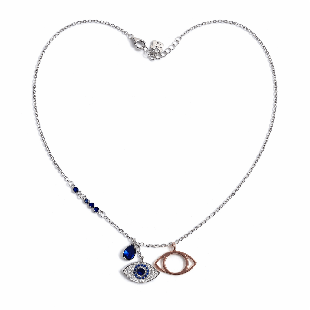 Silver and Rose Gold Tone Evil Eye Necklace with Blue Stone Accents