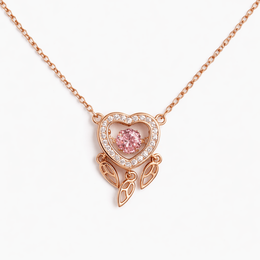 Rose Gold Heart Pendant Necklace with Pink Stone and CZ Halo Design