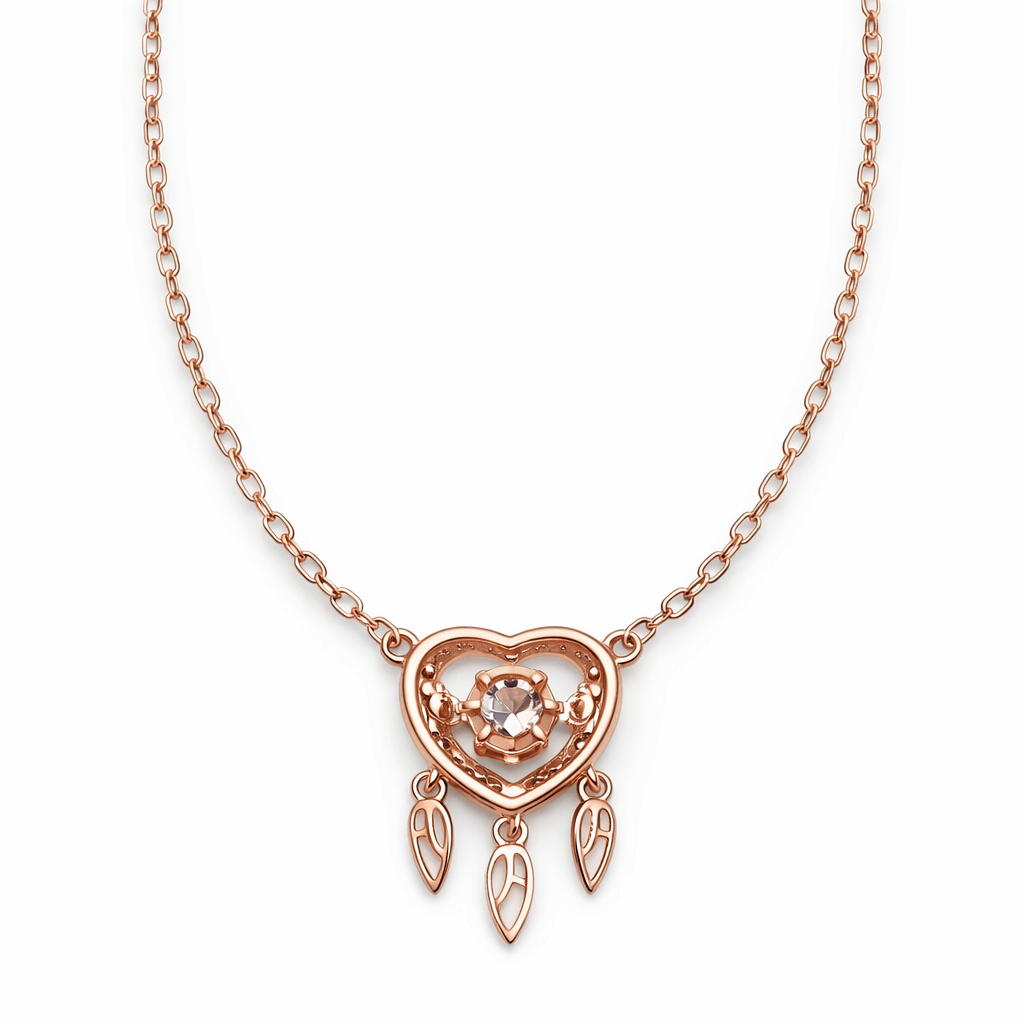 Rose Gold Heart Pendant Necklace with Pink Stone and CZ Halo Design