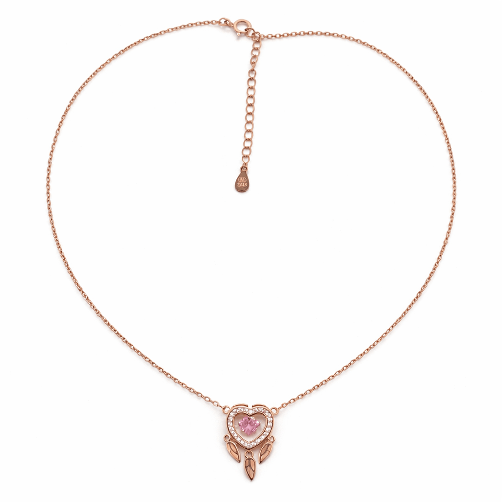 Rose Gold Heart Pendant Necklace with Pink Stone and CZ Halo Design