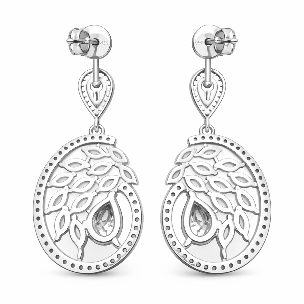 Two Tone Rose Gold Silver Floral Halo Drop Earrings with Pear Stones