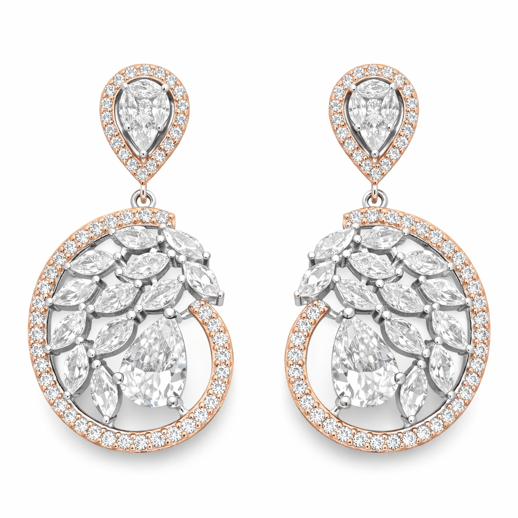 Two Tone Rose Gold Silver Floral Halo Drop Earrings with Pear Stones