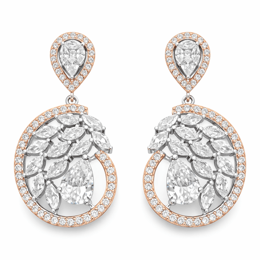 Two Tone Rose Gold Silver Floral Halo Drop Earrings with Pear Stones