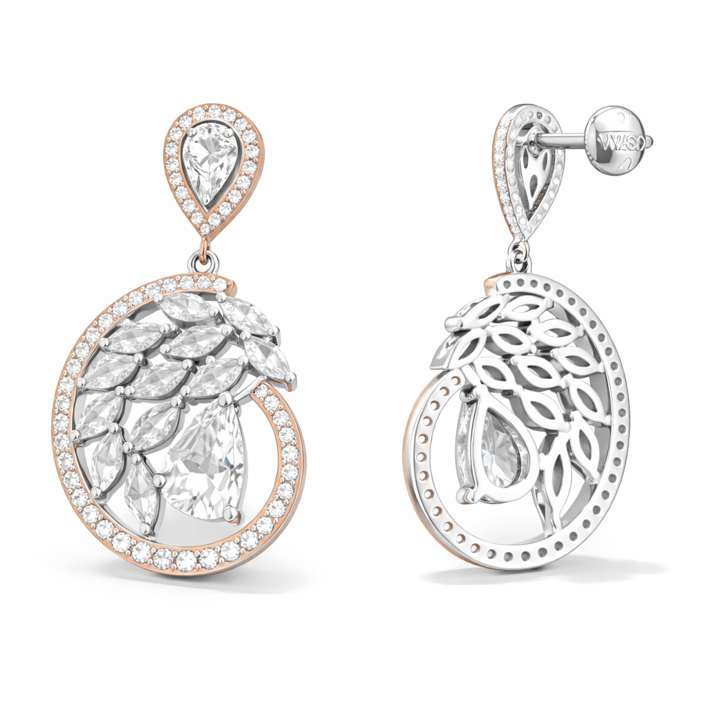 Two Tone Rose Gold Silver Floral Halo Drop Earrings with Pear Stones
