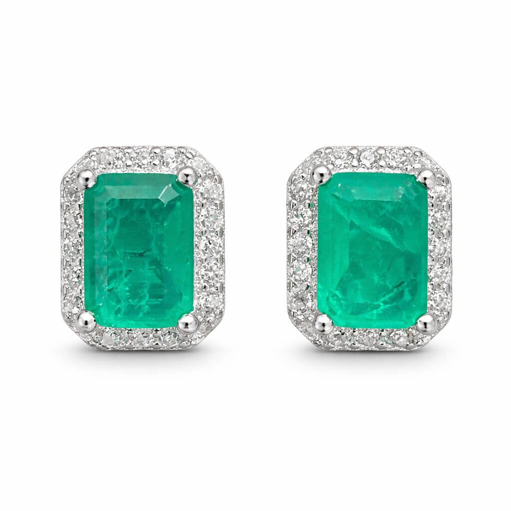 Emerald Green Stone Stud Earrings with CZ Halo Silver-Tone Setting