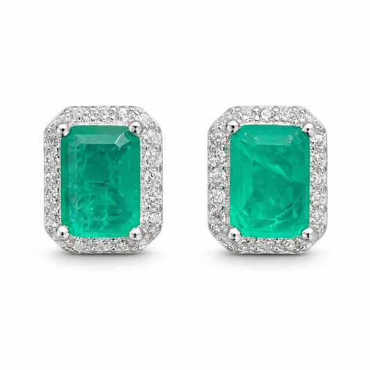 Emerald Green Stone Stud Earrings with CZ Halo Silver-Tone Setting